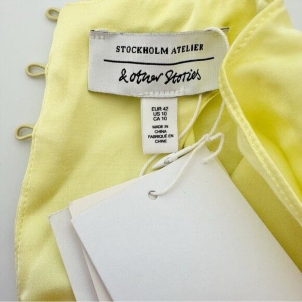 NWT & Other Stories Butter Yellow Asymmetric High Neck Satin Midi Dress Size 10 - Picture 8 of 10